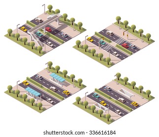 Vector isometric icon set or infographic elements representing low poly different pedestrian road crossings - footbridge, zebra and subway crossing  