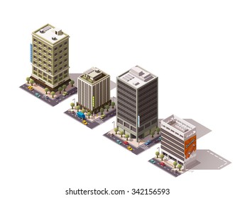 Vector isometric icon set or infographic elements representing low poly city buildings - skyscrapers, offices, bank house with street elements and cars