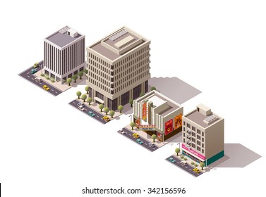 Vector isometric icon set or infographic elements representing low poly city buildings - office, movie theater, apartment buildings with shops on the ground floor