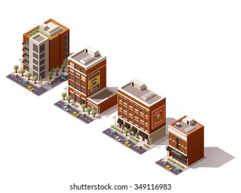 Vector isometric icon set or infographic elements representing low poly city buildings - offices, homes, shops and restaurant with cars and trees on the streets