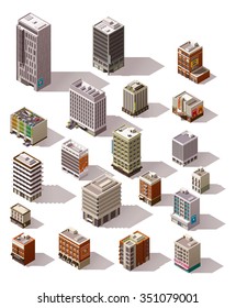 Vector isometric icon set or infographic elements representing different town buildings - houses, skyscrapers, offices, shops and stores, restaurant, cafe for map creation