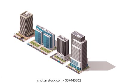 Vector Isometric Icon Set Or Infographic Elements Representing Low Poly Town Skyscraper Apartment And  Office Buildings With Street Roads And Cars For City Map Creation