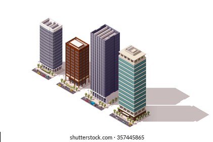 Vector isometric icon set or infographic elements representing low poly town skyscraper apartment and  office buildings with street roads and cars for city map creation