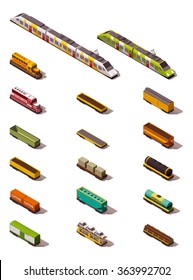 Vector isometric icon set or infographic elements representing different types of cargo railroad trains and cars 