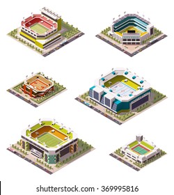 Vector isometric icon set or infographic elements representing low poly sport arenas - football (soccer), basketball, hockey, American football, tennis, baseball stadiums buildings exteriors