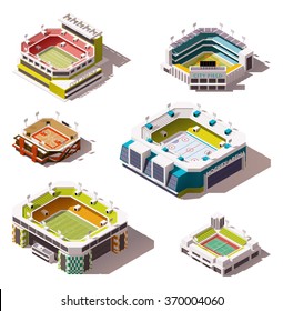 Vector isometric icon set or infographic elements representing low poly sport arenas - football (soccer), basketball, hockey, American football, tennis, baseball stadiums buildings exteriors