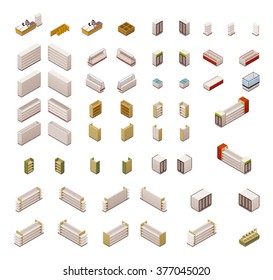 Vector isometric icon set or infographic elements representing grocery or supermarket store equipment, shelves, fridges and other furniture and electronics