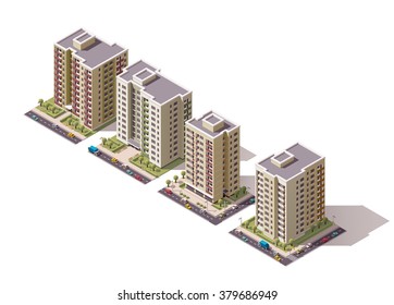 Conjunto de ícones isométricos vetoriais ou elementos de infográfico que representam edifícios de apartamentos de baixa poli cidade e casas com estradas de rua e carros para criação de mapa da cidade