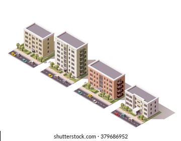 Vector isometric icon set or infographic elements representing low poly town apartment buildings and houses with street roads and cars for city map creation