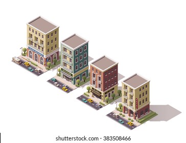 Conjunto de íconos isométricos vectoriales o elementos infográficos que representan edificios de ciudades de bajo nivel con tiendas y tiendas