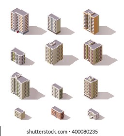 Vector isometric icon set or infographic elements representing low poly town apartment buildings and houses for city map creation