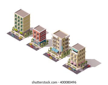 Vector isometric icon set or infographic elements representing low poly styled old small town buildings, houses with shops and cafe