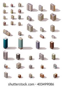 Vector isometric icon set or infographic elements of the low poly buildings, skyscrapers, houses, offices and stores for city or town map creation