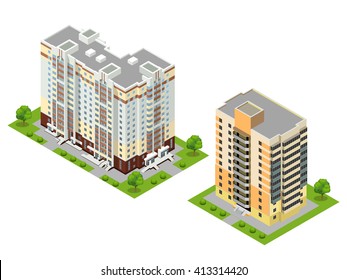 Conjunto de iconos isométricos vectoriales o elementos infográficos que representan edificios de apartamentos y casas con calles y autos para la creación de mapas de ciudades