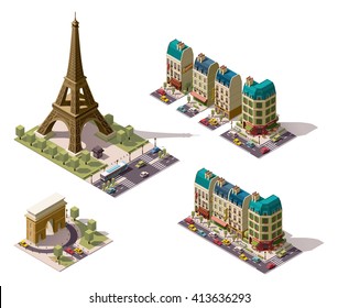 Vector isometric icon set or infographic elements representing Paris (France) architecture - old buildings, houses, Eiffel tower, restaurant, shops, hotel,  triumphal arch