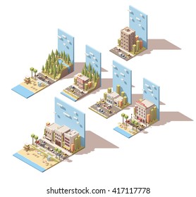 Vector Isometric Icon Set Or Infographic Elements Representing Summer Car Travel To The Sea Beach, Mountains And Forest. Hotel, Cafe And Gas Station Included