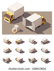 Vector Isometric icon set or infographic elements representing box truck with open and closed doors. Each vehicle in four views with different shadows. Low poly style