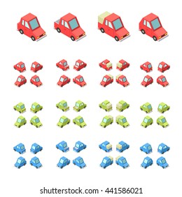 Vector isometric icon set or infographic element set representing private cars, cartoon hatchback and sedan car with front and rear views.