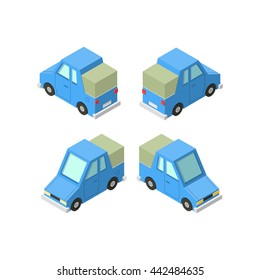 Vector isometric icon set or infographic element set representing private cars, cartoon sedan car with front and rear views.