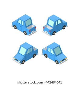 Vector isometric icon set or infographic element set representing private cars, cartoon sedan car with front and rear views.