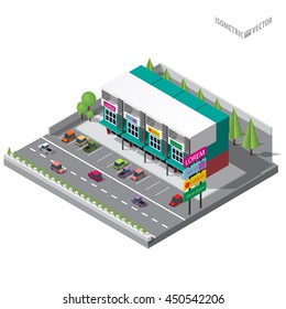 Vector isometric icon set or infographic elements representing commercial buildings - offices, homes, shops and restaurant with cars and trees on the streets