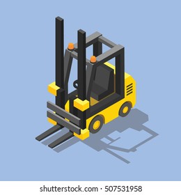 Vector Isometric icon set or infographic elements representing forklift loading pallets with boxes. Included loaded and empty forklifts with different front and rear views.