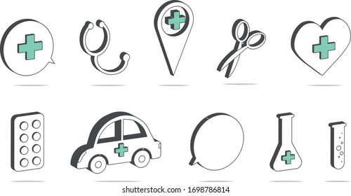 Vector isometric icon set on medical theme with green accents 