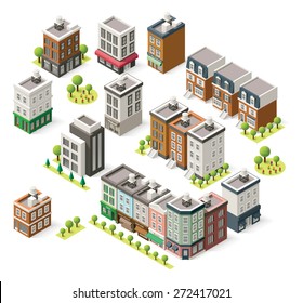 Vector isometric icon set representing  city buildings, houses and shops 