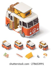 Vector isometric icon set representing camper van, baggage, tourist and travel equipment - tent, deck chairs, umbrella, surfing boards, stereo player