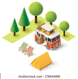 Vector isometric icon set representing camper van with tourist and travel equipment - tent, and deck chairs