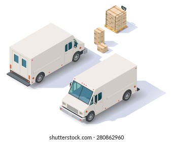 Vector Isometric Icon Set Representing Delivery Step Van With Front End Rear View, Boxes, Forklift