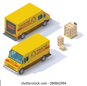 Vector Isometric Icon Set Representing Mail Step Van. Truck  With Front End Rear Views, Crates And Forklift 