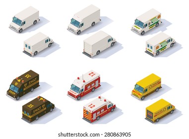 Vector isometric icon set representing different types of commercial and emergency step vans