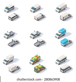 Vector isometric icon set representing different types of vans and small trucks -  commercial, cargo and ambulance