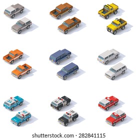 Vector isometric icon set representing cars - pickup truck and SUV. Front and back projections