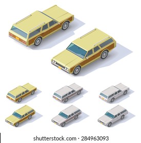 Vector isometric icon set representing  passenger wagon car with front and rear views