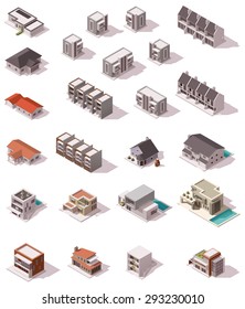 Vector isometric icon set of the suburban buildings