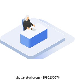 Vector isometric icon woman judge sits at a table and reads a document to pass a sentence by hitting a hammer