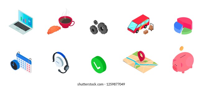 Vector, isometric icons for business and support. Laptop, coffee break, repair, delivery, data analysis, calendar, consulting and support, map, money.