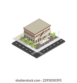 Vector isometric icons or infographic elements representing museum buildings, low poly city schools with roads for city map creation