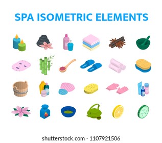 Vector isometric icons spa elements set. 3d realistic spa and massage salon objects collection. Candles, skincare, facial mask, tea kettle, aromalamp and bamboo objects isolated illustration