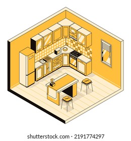 Vector isometric illustration  3d concept kitchen interior  furniture  food preparation equipment  household appliances