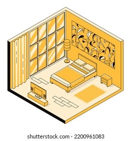 Ilustración vectorial isométrica, concepto 3d del interior moderno de la habitación, disposición de mobiliario. Colección de muebles de casa, ambiente interior. Plantilla de apartamento para hotel, agencia inmobiliaria