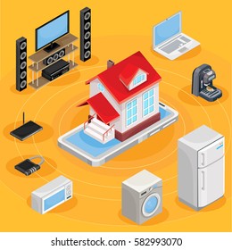 Vector isometric illustration of an abstract scheme of the smart home, controlling through internet home work equipment. The concept of comfort and safety.