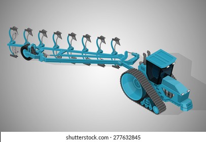 Vector isometric illustration of a  agricultural crawler tractor with a plow. Equipment for agriculture.