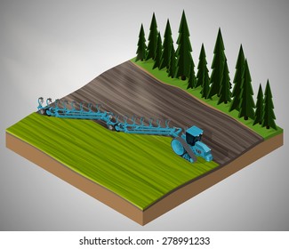 Vector isometric illustration of a  agricultural crawler tractor with plow tillage a field. Equipment for agriculture.