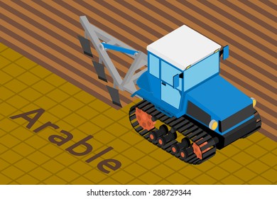 Vector isometric illustration of a agricultural crawler tractor with plow tillage a field. Equipment for agriculture.
