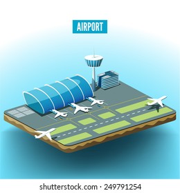 Vector isometric illustration of the airport with airplanes