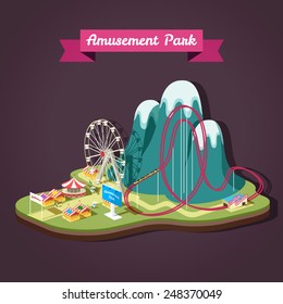 Vector isometric illustration of Amusement Park with different attractions.