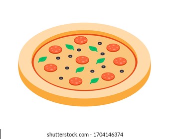 Vector isometric illustration of an appetizing multi-colored pizza on a white background. Pizza has ketchup, salami, olives and greens. Illustration for the culinary theme.